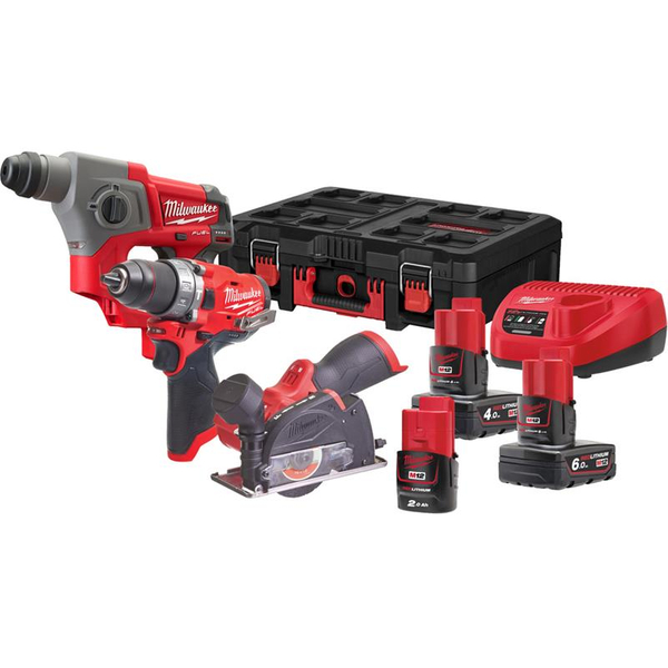 Zdjęcie 1 - Zestaw narzędzi akumulatorowych PowerPack Milwaukee M12 FPP3R-6423P Wiertarko-wkrętarka M12 FPD-0 + Szlifierka M12 FCOT-0 + Młotowiertarka M12 CH-0 12V 1x2Ah 1x4Ah 1x6Ah 4933478822