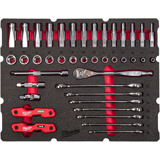 Zdjęcie 1 - Wkładka piankowa z nasadkami i grzechotką 3/8" i kluczami płasko-oczkowymi - do skrzyni Packout z szufladami, 39 szt Milwaukee 4932493640