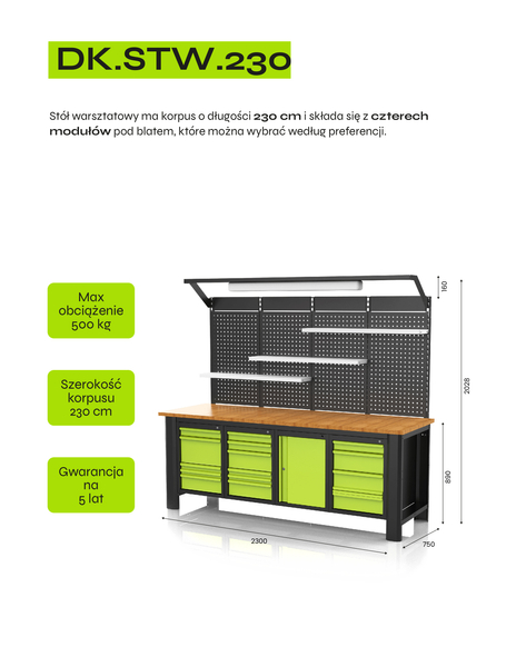 Zdjęcie 2 - Stół warsztatowy 230cm z czterema modułami DK.STW.230 [MOŻLIWOSĆ KONFIGURACJI]