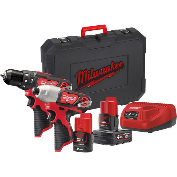 Zdjęcie 1 - Zestaw narzędzi akumulatorowych PowerPack Milwaukee M12 BPP2B-421C Wiertarko-wkrętarka M12 BPD-0 + Zakrętarka M12 BID-0 12V 1x4Ah 1x2Ah 4933443497