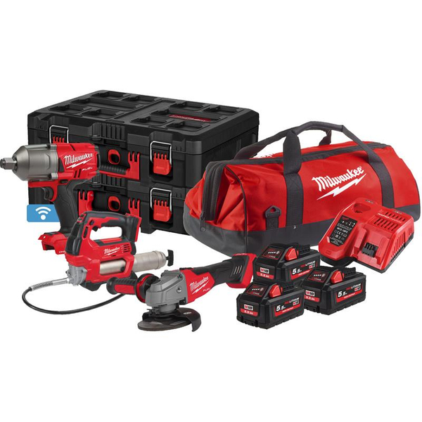 Zdjęcie 1 - Zestaw narzędzi akumulatorowych PowerPack Milwaukee M18 FPP3M-553P Klucz udarowy M18 ONEFHIWF34 + Smarownica M18 GG + Szlifierka M18 FSAG125X 18V 3x5.5Ah 4933479534