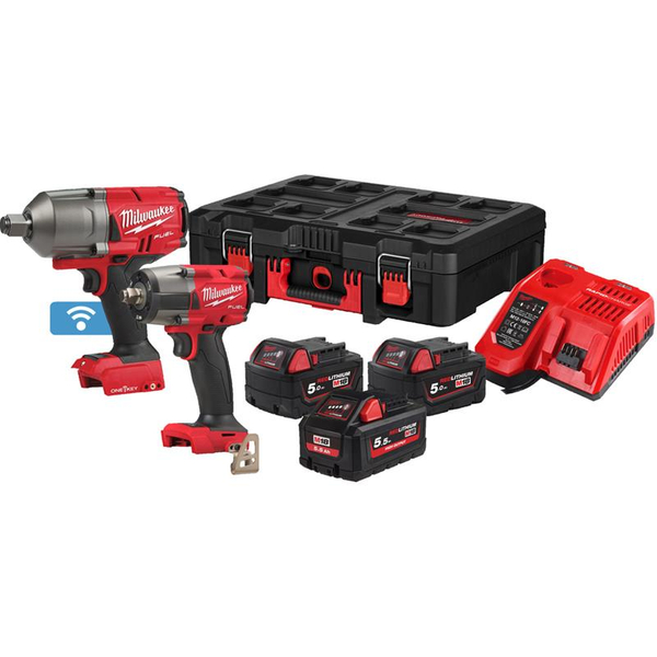 Zdjęcie 1 - Zestaw narzędzi akumulatorowych PowerPack Milwaukee M18 FPP2AS-553P Klucz udarowy M18 ONEFHIWF34 + Klucz udarowy M18 FMTIW2F12 18V 3x5Ah 4933479532