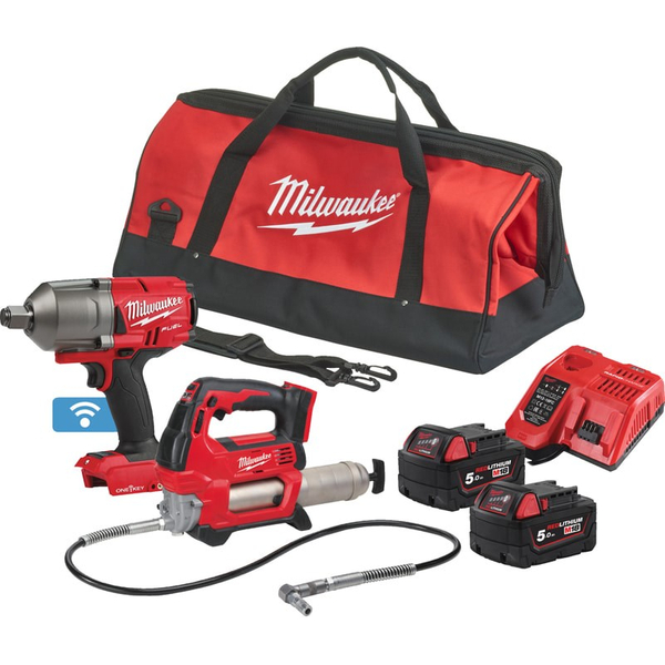 Zdjęcie 1 - Zestaw narzędzi akumulatorowych PowerPack Milwaukee M18 ONEPP2Q-502B Smarownica M18 GG + Klucz udarowy M18 ONEFHIWF34 18V 2x5Ah 4933492519