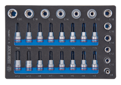ZESTAW NASADEK 3/8" + 1/2", HEX H3 - H12, TORX T15 + T50, GWIAZDKI E8 - E20, WKŁAD Z PIANKI, DO WÓZKA 9-7128PRV King Tony