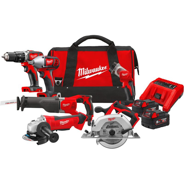 Zdjęcie 1 - Zestaw 6 narzędzi akumulatorowych PowerPack Milwaukee M18 PP6B-502B M18 BPD-0 + M18 BIW12-0 + HD18 AG-125-0 + HD18 CS-0 + M18 BSX-0 + M18 TLED-0 18V 2x5Ah 4933451038