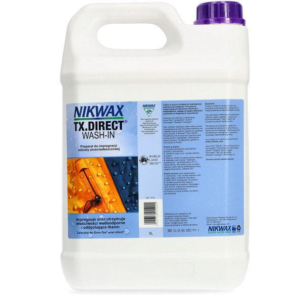 Zdjęcie 1 - Preparat do impregnacji odzieży przeciwdeszczowej TX.Direct® Wash-In 5L Nikwax 255P01