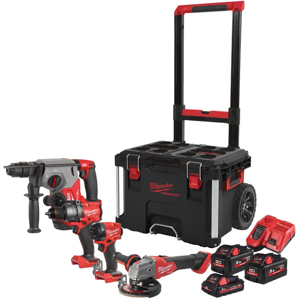 Zdjęcie 1 - Zestaw 4 narzędzi akumulatorowych PowerPack Milwaukee M18 FPP4E-555T M18 FPD3 + M18 FID3 + M18 FHX + M18 ONEFSAG125XB 18V 2x5.5Ah 1x3Ah 4933492530