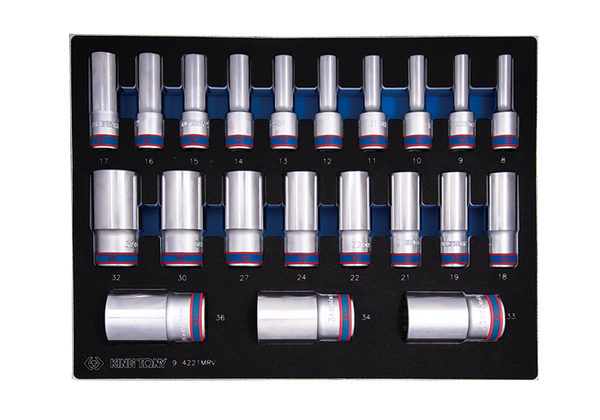 Zdjęcie 1 - ZESTAW NASADEK 1/2" 21cz. DŁUGIE 12-kąt. 8 - 36mm, WKŁAD DO WÓZKA 9-4221MRV King Tony