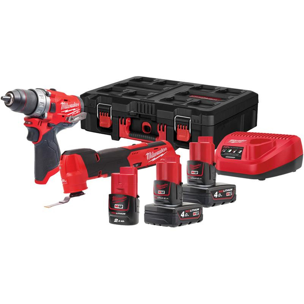 Zdjęcie 1 - Zestaw narzędzi akumulatorowych PowerPack Milwaukee M12 FPP2AX-423P Wiertarko-wkrętarka M12 FDD-0 + Narzędzie wielofunkcyjne M12 FMT-0 12V 2x4Ah 1x2Ah 4933478825