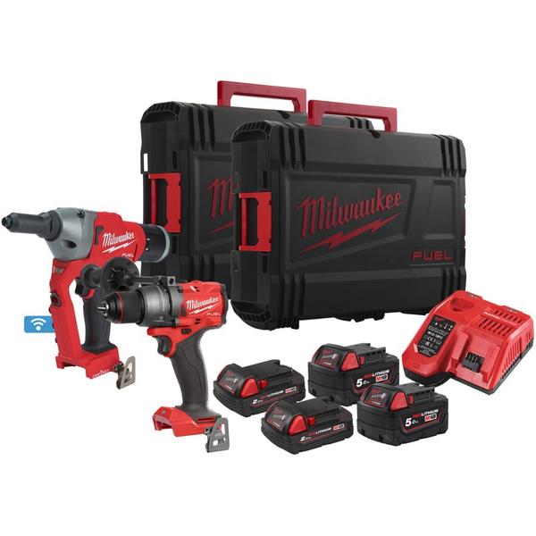 Zdjęcie 1 - Zestaw narzędzi akumulatorowych PowerPack Milwaukee M18 FPP2G3-524X Wiertarko-wkrętarka M18 FDD3 + Nitownica M18 ONEFPRT 18V 2x5Ah 2x2Ah 4933492529