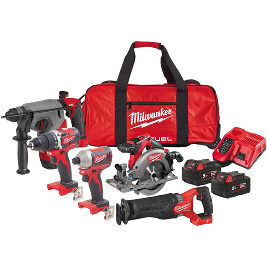 Zdjęcie 1 - Zestaw 5 narzędzi akumulatorowych PowerPack Milwaukee M18 PP5B-502B M18 CBLDD-0 + M18 CBLID-0 + M18 CCS55-0 + M18 FSZ + M18 FH 18V 2x5Ah 4933479541