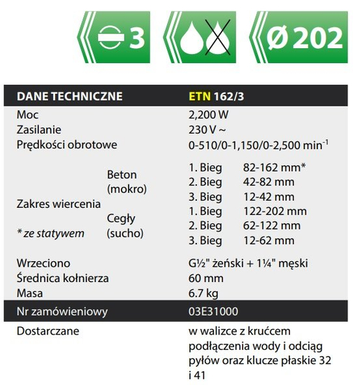 Zdjęcie 10 - Wiertnica diamentowa Eibenstock ETN 162/3 162mm 2200W 03E31000 XE9 PLUS WIERTŁA