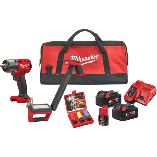 Zdjęcie 1 - Zestaw narzędzi akumulatorowych PowerPack Milwaukee M18 FPP2BH-523B Klucz udarowy M18 FMTIW2F12 + Lampa M12 UCL 2x5Ah 1x2Ah 4933492523