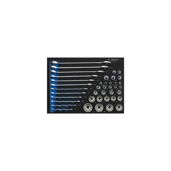 Zdjęcie 1 - ZESTAW NASADEK 1/4"+3/8"+1/2" + KLUCZE PŁASKO OCZKOWE CALOWE 40cz., WKŁAD Z PIANKI EVA DO WÓZKA 9-9040SRV King Tony