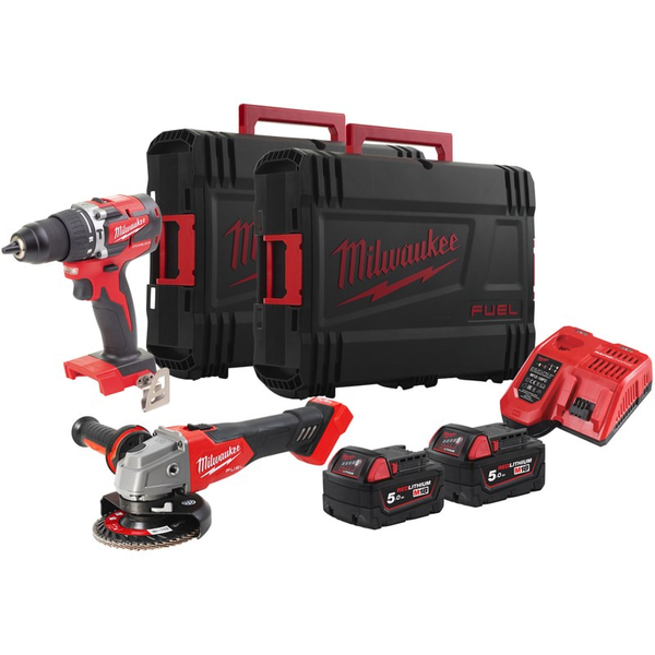 Zdjęcie 1 - Zestaw narzędzi akumulatorowych PowerPack Milwaukee M18 FPP2BG-502X Wiertarko-wkrętarka M18 CBLPD + Szlifierka M18 FSAG125X 18V 2x5Ah 4933492522