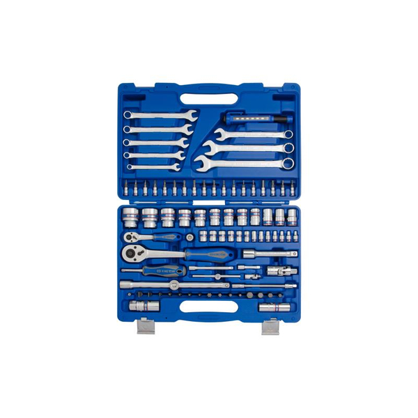 Zdjęcie 1 - PROMOCJA-ZESTAW NARZĘDZI 83 CZ. NASADKI 1/4"+1/2" 4 -32mm 6-kąt. Z GRZECHOTKAMI, KLUCZE, BITY, LATARKA, WALIZKA 7582MR King Tony