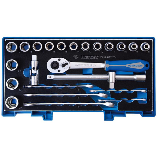 Zdjęcie 1 - PROMOCJA KING TONY - ZESTAW NASADEK 1/2" 24cz. KRÓTKIE 6-kąt. 8-24mm, KLUCZE PŁASKO OCZKOWE, AKCESORIA, WALIZKA GRATIS 4524MRV05 King Tony