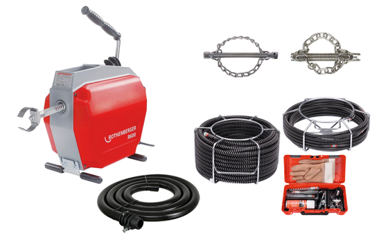 Zdjęcie 1 - Przepychacz do rur kanalizacji ROTHENBERGER R600 19173 maszyna do czyszczenia rur ze spiralą/zestawem narzędzi 16-22 mm dwie głowice łańcuchowe  