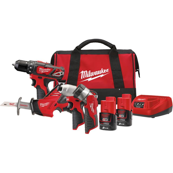 Zdjęcie 1 - Zestaw 4 narzędzi akumulatorowych PowerPack Milwaukee M12 BPP4A-202B M12 BDD-0 + M12 BID-0 + C12 HZ-0 + M12 TLED-0 12V 2x2Ah 4933441240