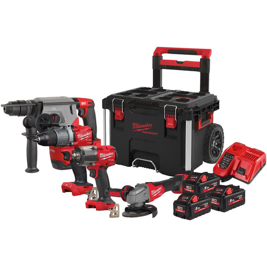 Zdjęcie 1 - Zestaw 4 narzędzi akumulatorowych PowerPack Milwaukee M18 FPP4A2-553P M18 FPD2 + M18 FMTIW2F12 + M18 FHX + M18 FSAG125X 18V 3x5.5Ah 4933479535