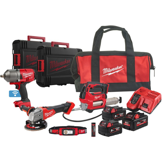 Zdjęcie 1 - Zestaw 5 narzędzi akumulatorowych PowerPack Milwaukee M18 FPP5N-554B M18 ONEFHIWF12 + M18 GG + M18 FSAG125X + L4 HL-VIS 1x5.5Ah 2x5Ah 1x3Ah 4933492526
