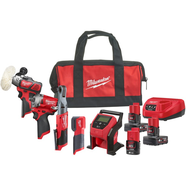 Zdjęcie 1 - Zestaw 5 narzędzi akumulatorowych PowerPack Milwaukee M12 FPP5A-423B M12 FIWF12 + M12 FIR12 + M12 BI + M12 BPS + M12 CML 12V 2x4Ah 1x2Ah 4933492514