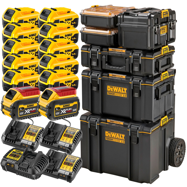 Zdjęcie 2 - Zestaw 12 narzędzi akumulatorowych DeWalt DCK1248P12T DCD997 + DCF850 + DCG409VS + DCH263 + DCF899 + DCW210 + DCS334 + DCS382 + DCS356 + DCS572 + DCE530 + DCL050 18/54V XR 10x5Ah 2x6Ah