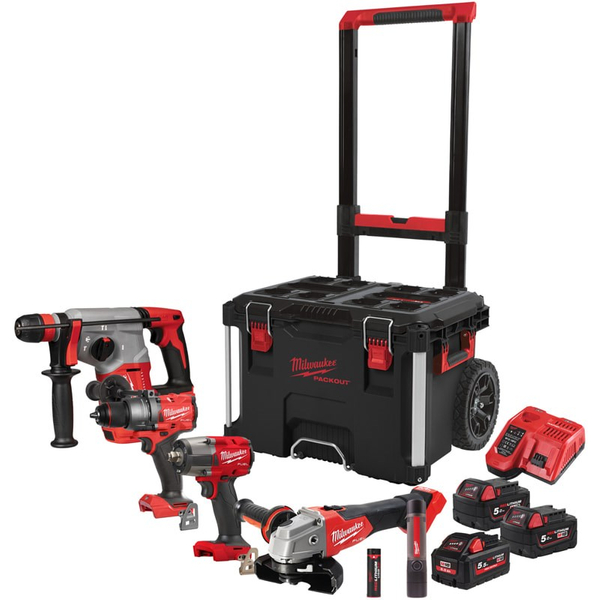 Zdjęcie 1 - Zestaw 5 narzędzi akumulatorowych PowerPack Milwaukee M18 FPP4D-555T M18 BLHX + M18 FPD3 + M18 FSAG125X + M18 FMTIW2F12 + L4 FMLED 18V 1x5.5Ah 2x5Ah 1x3Ah 4933492520