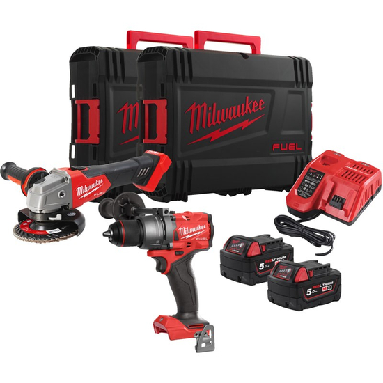 Zdjęcie 1 - Zestaw narzędzi akumulatorowych PowerPack Milwaukee M18 FPP2E3-502X Wiertarko-wkrętarka M18 FPD3 + Szlifierka M18 FSAG125X 18V 2x5Ah 4933492516