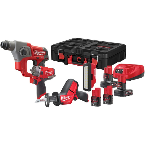 Zdjęcie 1 - Zestaw 4 narzędzi akumulatorowych PowerPack Milwaukee M12 FPP4C-624P M12 FPDXKIT + M12 CHZ + M12 CH + M12 PAL 12V 2x6Ah 2x2Ah 4933492515