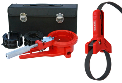 RIDGID Uchwyt rury z blokadą taśmy 3" - 8" ( 80 mm - 220 mm ) + Obcinak i fazownik LOGO do rur PVC i PE, 50-75-110mm