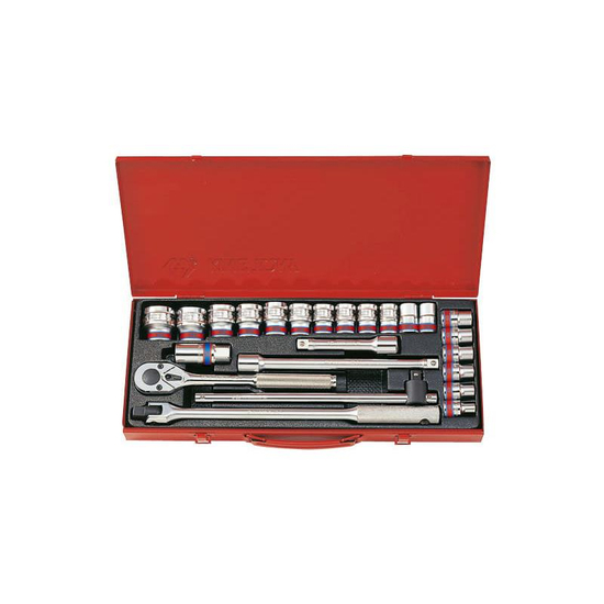 Zdjęcie 1 - ZESTAW NASADEK CALOWYCH 1/2", 24cz. KRÓTKIE 6-kąt. 5/16" - 1.1/4" Z GRZECHOTKA I AKCESORIAMI, KASETA 4526SR King Tony